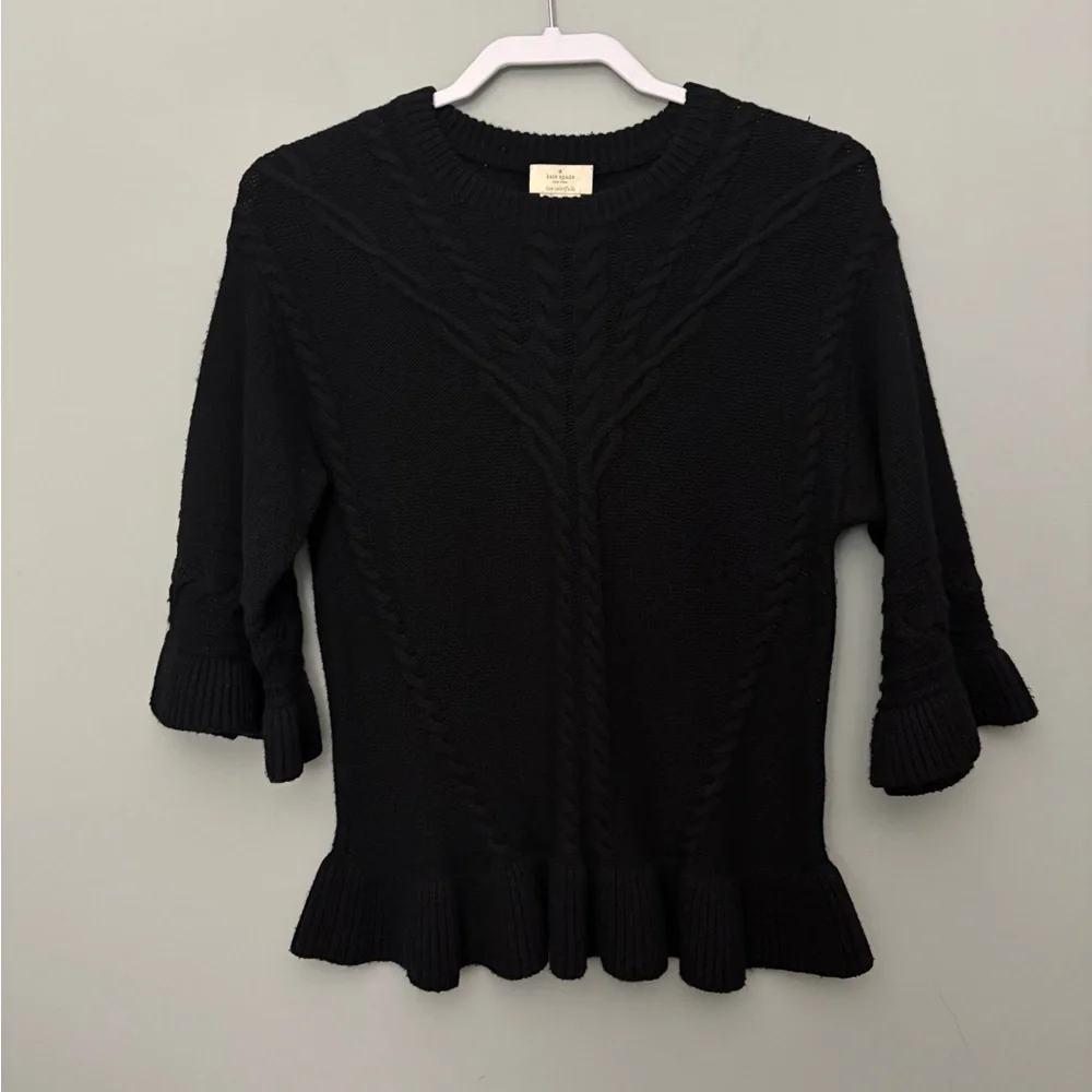 Kate Spade Cable Knit Peplum Sweater XS Black 3/4 Sleeve Wool Cashmere Blend